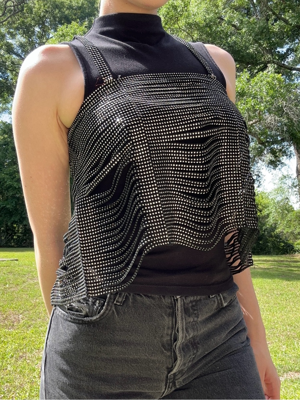 Rhinestone Mesh Overlay Black Tank Top